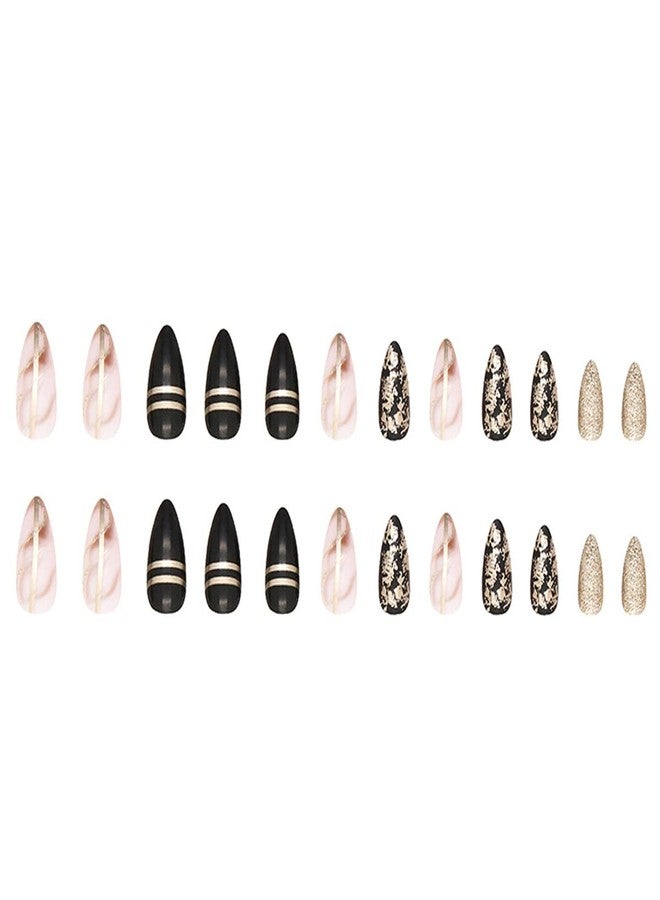 BSBTBZ Black Almond Press on Nails Medium Length Gold Foil Fake Nails with Gold Foil Glitter Line Designs Glossy Coffin Nails Full Cover Nail Tips Glue on Nails Artificial Acrylic False Nails for Women 24Pcs - Image 5